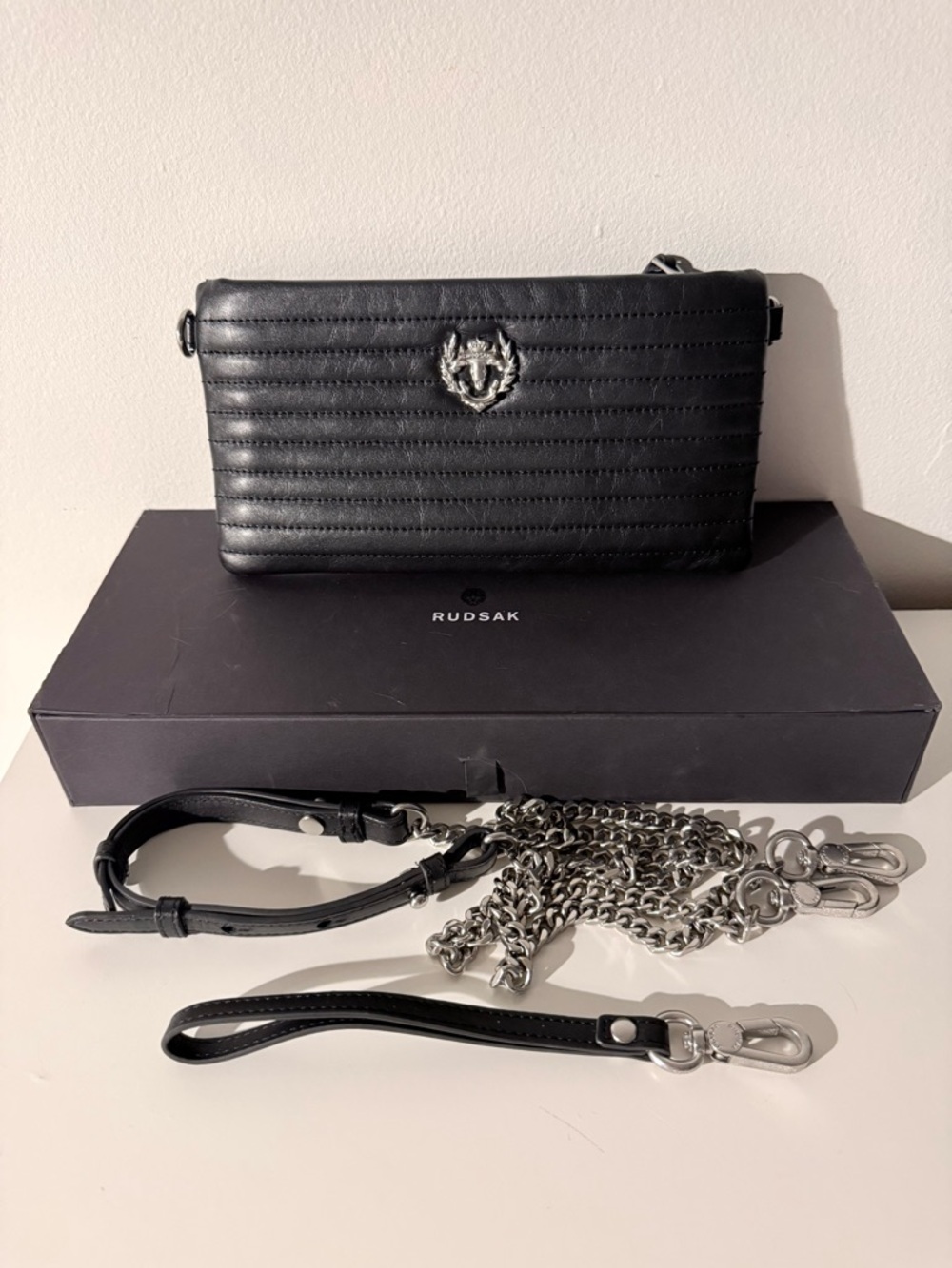 RUDSAK Black Quilted Leather Shoulder Clutch with Silver Hardware